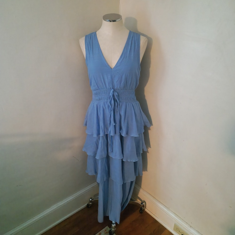 Kings Road Light Blue Tiered Ruffle Maxi Dress Smocked Waist V-Neck NWT Size M